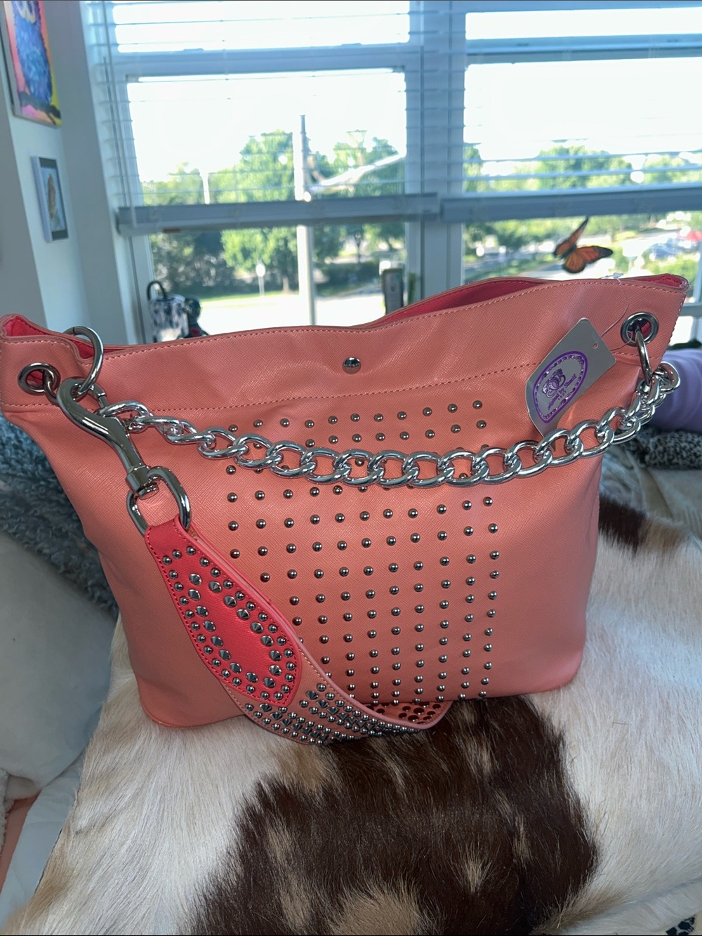 Sharif Silver Studded Coral Tote Bag with Dual Chain Straps 17”x 6.5”x 12.5” NWT - Picture 9 of 14